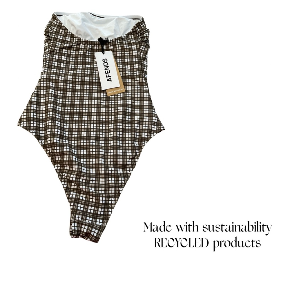 Afends Checkered Brown strapless one piece Swimsuit color Coffee Check size XS - Picture 2 of 7
